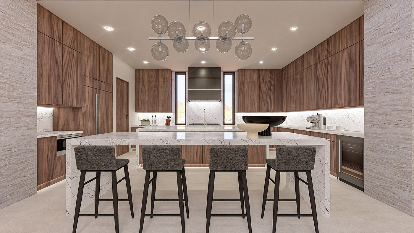 Walnut and marble kitchen in modern Arizona home